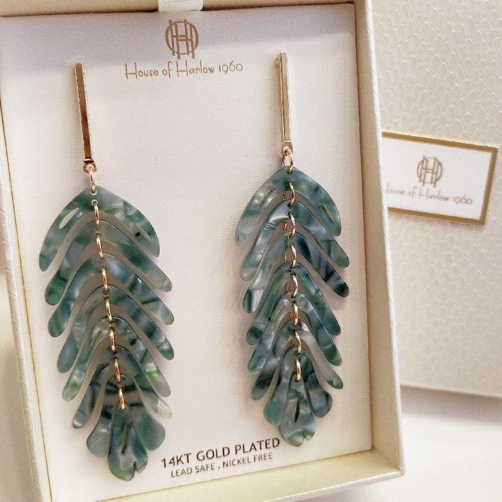 House of‎ Harlow 1960 Green Palm Leaf 14kt Gold Plated Drop Earrings NWT